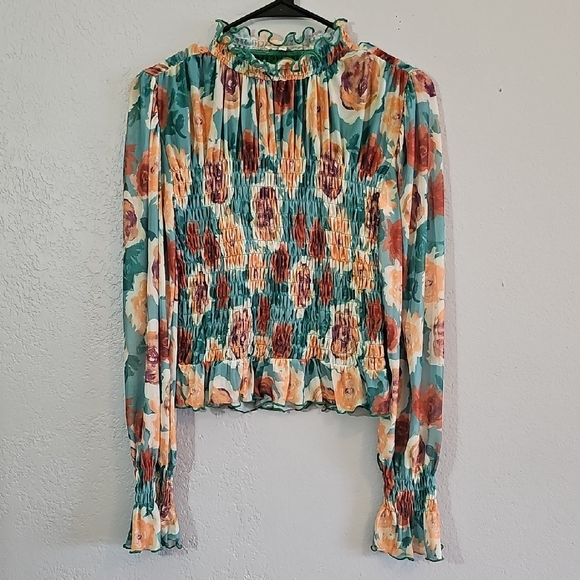 Promesa Tops - Promesa Floral Smocked Blouse With Ruffling Multicolor Womens Medium